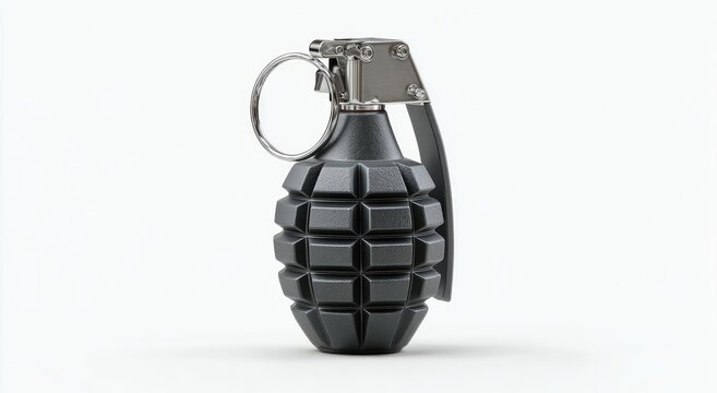 A dark grey, textured explosive device with a metal lever and ring