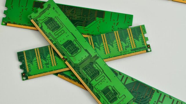 Fascinating detail of computer RAM, with shiny chips ready to accelerate performance. Impressive close-up of RAM memory, revealing its intricate architecture and computing power.
