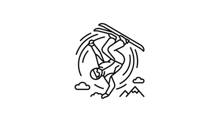 Skiing jump line art icon featuring mountain backdrop. © Fajar