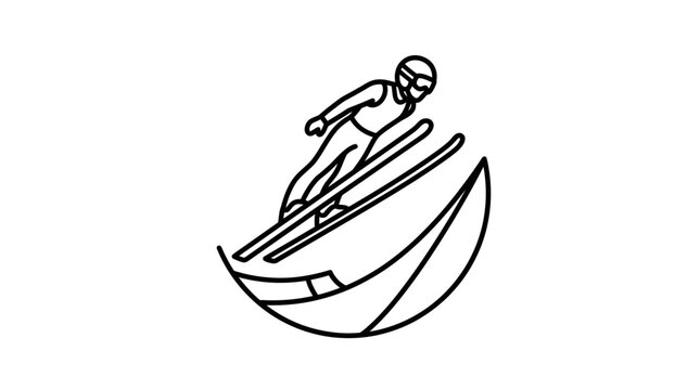 Skier navigating steep curved halfpipe wall in minimalist style.