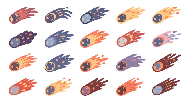 Cute cartoon comets collection. Set of colorful shooting stars with different tails and patterns, isolated on white background.
