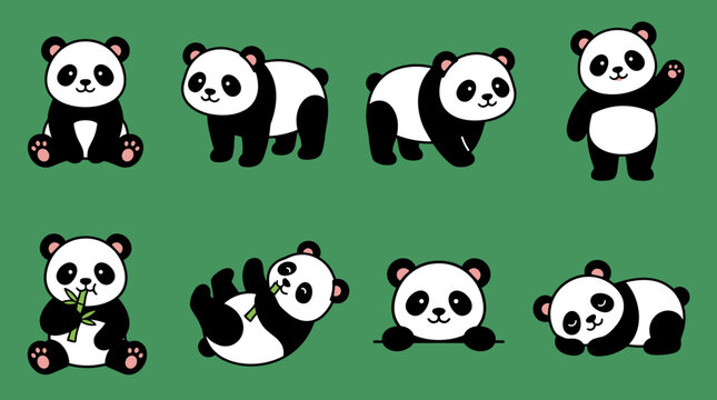 Cute cartoon panda collection. Set of adorable flat style bears in different poses, eating bamboo, waving, isolated on green background.