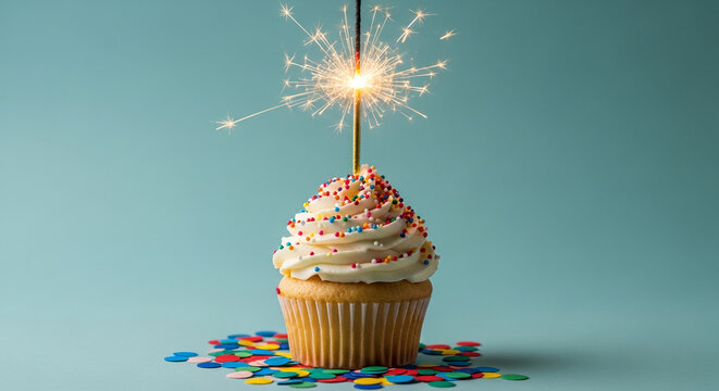 A celebratory cupcake with white frosting and colorful sprinkles topped by a lit sparkler, surrounded by confetti, symbolizing joy and festivity