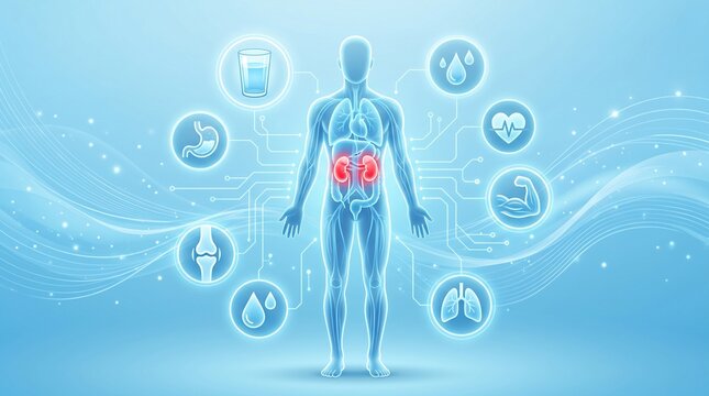3D medical illustration of body water balance with highlighted kidneys.