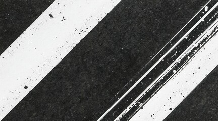 Fototapeta premium Monochrome diagonal stripes with splattered paint texture. Dark grunge background with white lines shows age and distress. Abstract surface with rough detail.