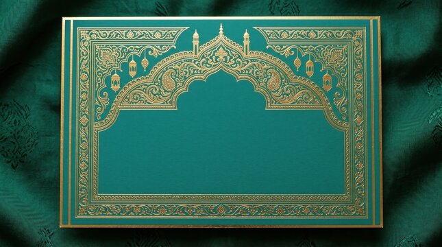 Elegant luxury emerald green card with ornate golden Islamic arch patterns and lanterns for Ramadan Kareem and Eid Mubarak celebrations resting on premium dark green silk fabric texture backdrop