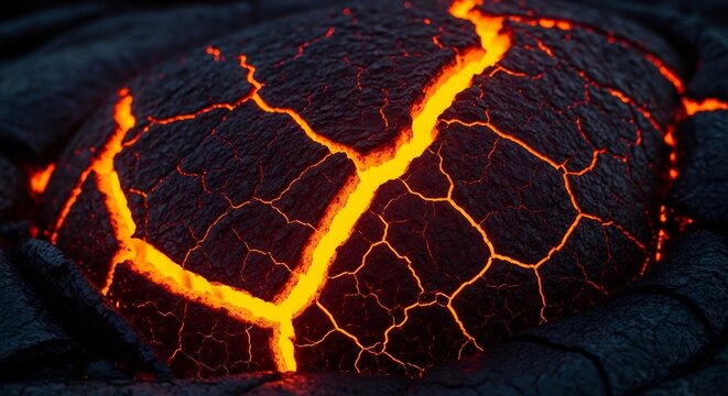 Close up of glowing molten lava rock with intricate cracks.