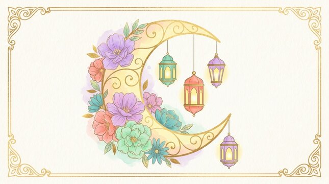 Elegant watercolor crescent moon adorned with pastel flowers and glowing hanging lanterns on cream background with golden frame, ideal for Ramadan Kareem and Eid Mubarak greeting cards.