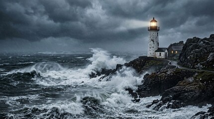 Obraz premium A lighthouse stands on rugged rocks as turbulent waves crash against the shore under a stormy sky.