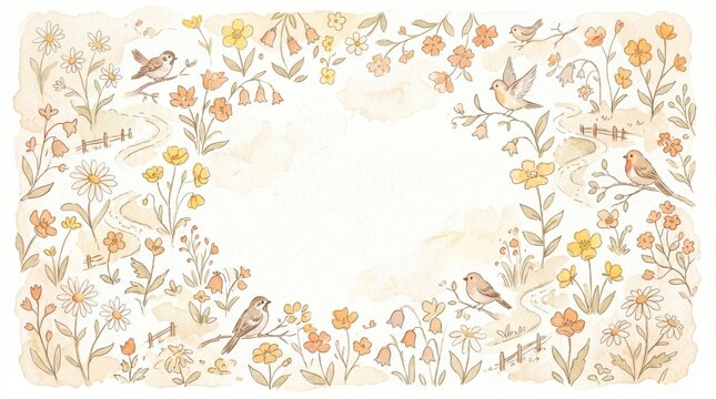 Delicate watercolor botanical border featuring hand-drawn wildflowers, vintage daisies, and cute birds in soft pastel yellow and beige tones; ideal for wedding stationery or greeting cards.