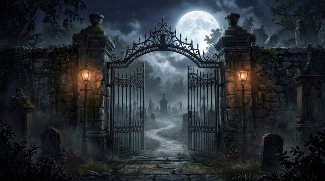 Mysterious gothic cemetery gate open at night with warm glowing lanterns under a bright full moon, winding path leading into a misty haunted graveyard, perfect Halloween background.