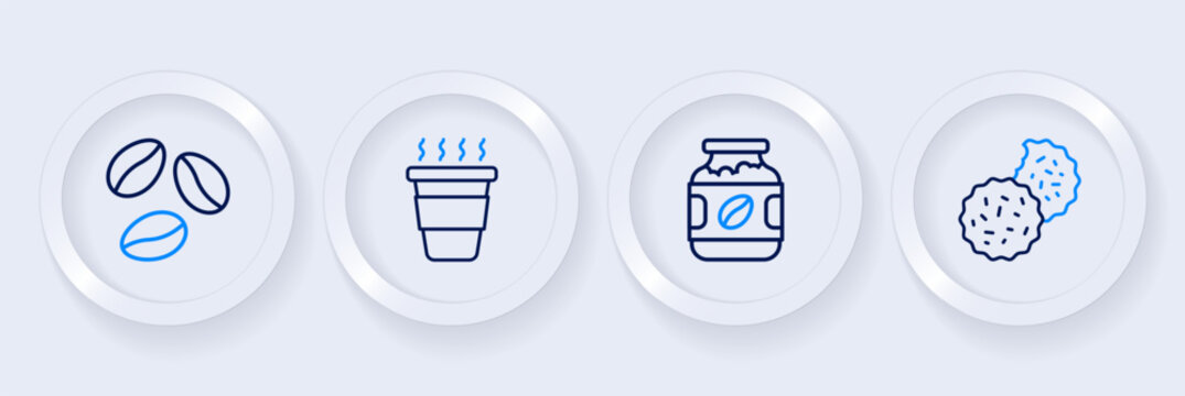 Set line Cookie or biscuit, Coffee jar bottle, cup to go and beans icon. Vector