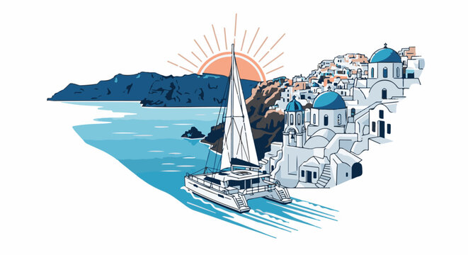 White catamaran sails past picturesque cliffside village under a rising sun