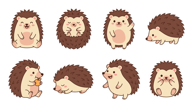 Cute cartoon hedgehog set. Collection of funny forest animal characters in different poses and expressions, isolated on white background.