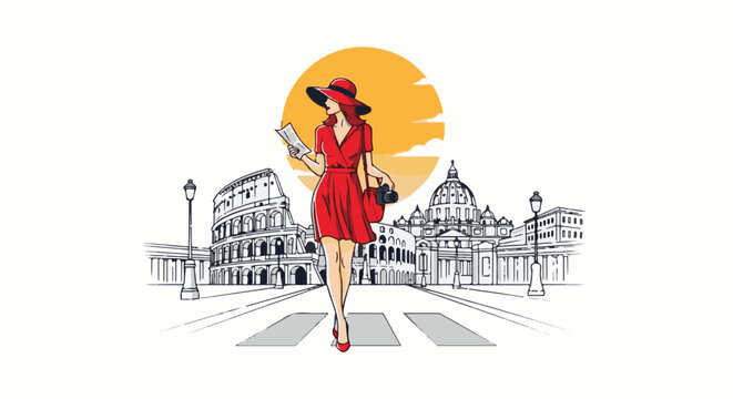 Woman in red dress crosses street in Rome with iconic landmarks behind her