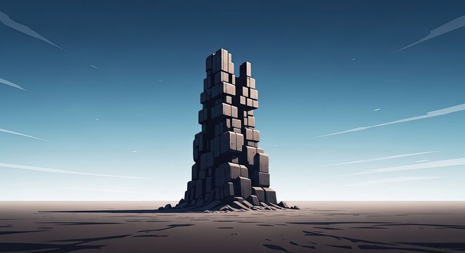 Geometric stone monolith tower in a flat desert wasteland