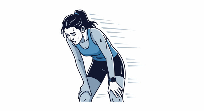 Female athlete bent over, sweating, with motion lines indicating exertion