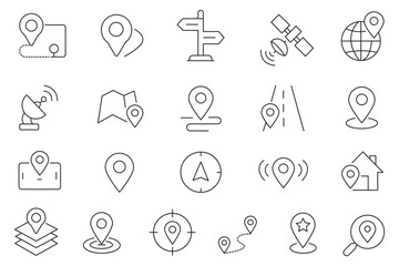 Fototapeta premium Maps icon set. Editable stroke. Containing maps, location, GPS, navigation, city map, atlas, route, direction, pin and more. Outline Icon Collection.