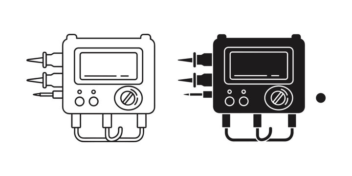 Digital multimeter line art and solid icon with probes and wires on white background