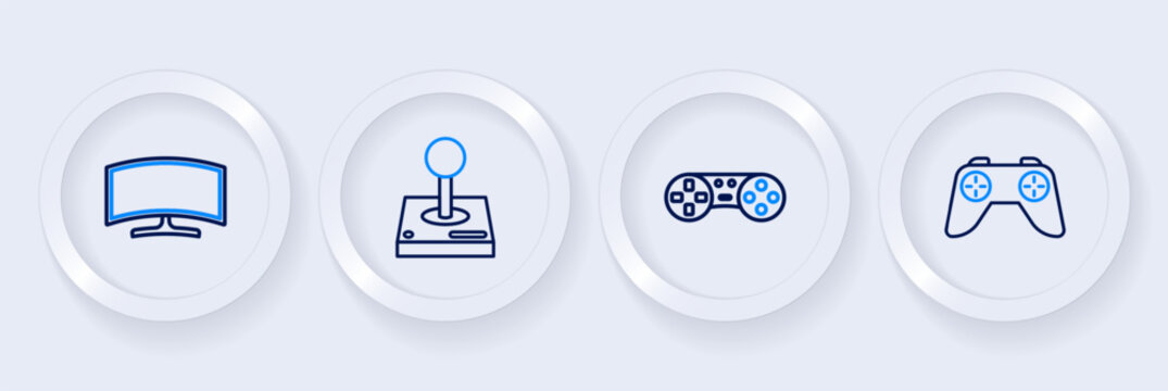 Set line Game controller or joystick, Joystick for arcade machine and Computer monitor icon. Vector