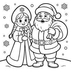 Fototapeta premium Festive Christmas Coloring Page Featuring Santa and Snow Maiden With Snowflake Isolated on a Transparent or White Background