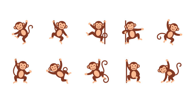 Simple monkey silhouettes in different poses. Set of cartoon vector illustrations of swinging, climbing, and jumping primates with long tails