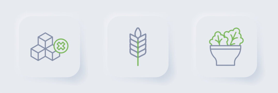 Set line Salad in bowl, Wheat and No sugar free icon. Vector