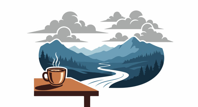 Steaming cup of coffee on a table overlooking a serene mountain valley