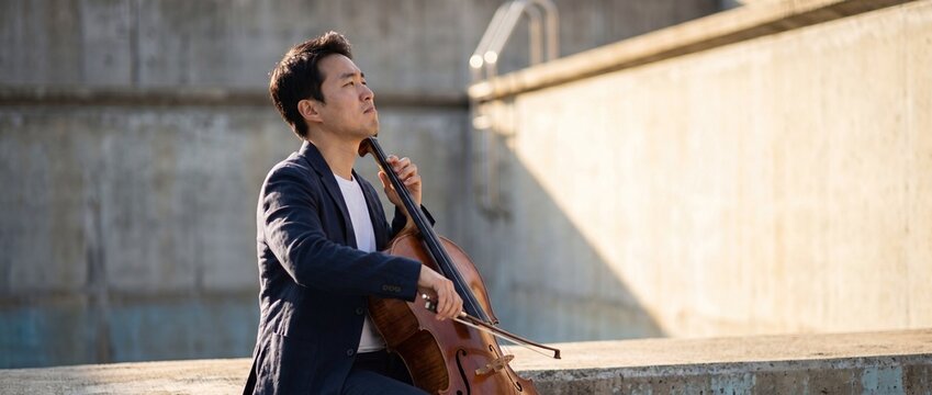Asian cellist playing cello outdoors at concrete structure in warm golden light, elegant male musician performing classical music on instrument, serene and focused creative artist expression.