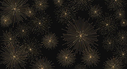 Fototapeta premium Spectacular fireworks display with golden bursts and sparkles on a dark black background for celebratory themes.