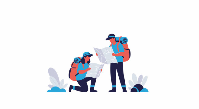 Hikers with backpacks studying map, planning adventure, outdoor exploration