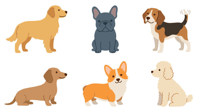 Set of cute cartoon dog illustrations of different breeds in various poses, including sitting, standing, and running, for kids and pet-themed designs