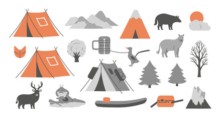 Camping and Outdoor Adventure Icons: Tents, Animals, Mountains, Canoe © DSetiya