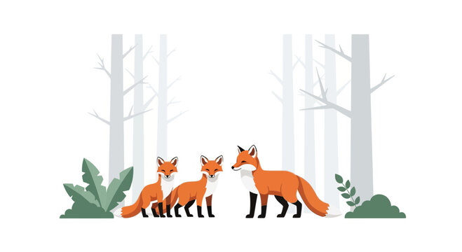 Cute Fox Family in Misty Forest - Illustration