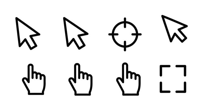 Gaming cursor icon set with pointers and hands on white background