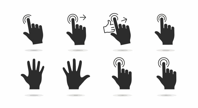 Hand gesture control icons illustrate modern UI interaction on white background