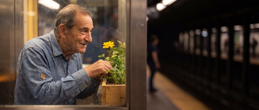 Senior man tending yellow flower inside subway station booth, caring for a green plant in a wooden box on a window sill, bringing hope, joy, and nature to a dark urban underground transit environment.