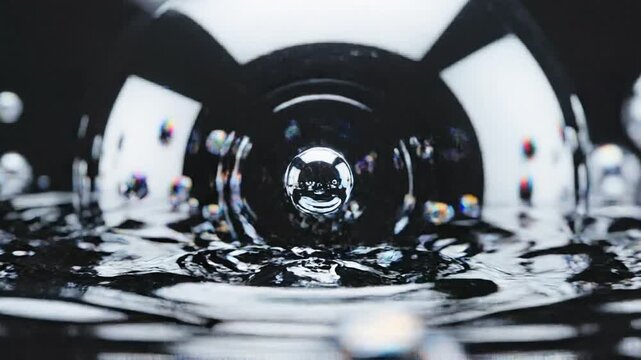 3D glass bubbles splashing on water surface with abstract dark background