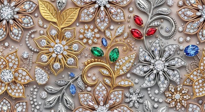 Intricate gold and diamond floral jewelry pattern on gray background.