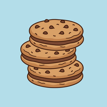 A stack of three delicious chocolate chip sandwich cookies isolated