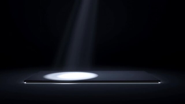 A minimalist dark platform podium illuminated by a dramatic volumetric spotlight beam, perfect for premium product placement.