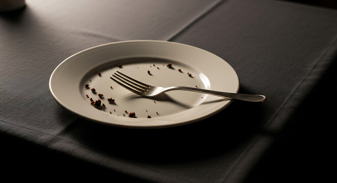 A close-up view of a shiny, empty plate with a fork resting on it.