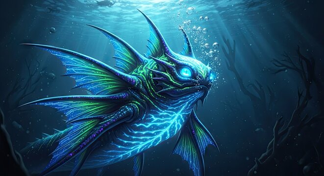 Bioluminescent fantasy sea monster glowing in deep underwater abyss.