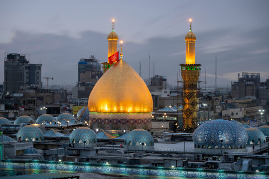 Karbala, Iraq - December 27, 2025: Aerial view of Imam Hussain and Hazrat abbas shrine in Karbala Iraq