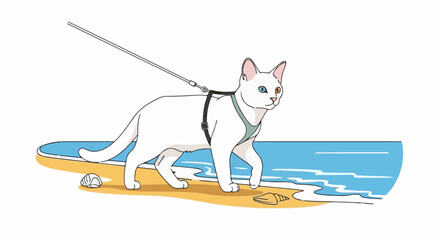 Fototapeta premium White cat with heterochromia on a leash walks on a sandy beach near blue ocean waves