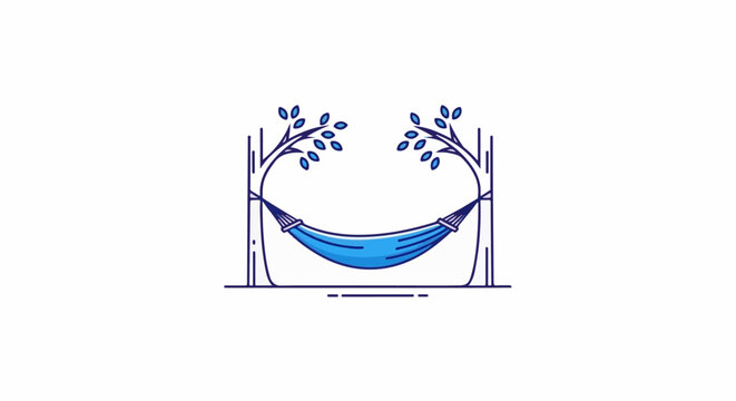 A stylized blue hammock hangs between two bare trees with blue leaves
