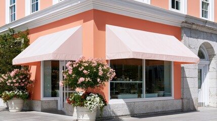 Fototapeta premium Pink awning boutique exterior with large windows and rose planters, sunlit European corner with stone facade and terracotta tiles, curated window display idea for shop owner arranging blooms, inviting