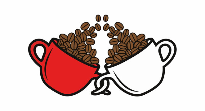 Red and white cups spill coffee beans, symbolizing a rich, flavorful experience