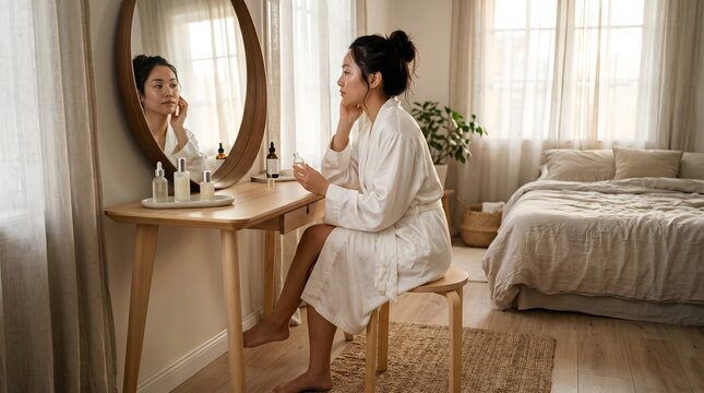 Asian woman in a white bathrobe applying face serum at a wooden vanity. Perfect for luxury morning skincare routine concepts.