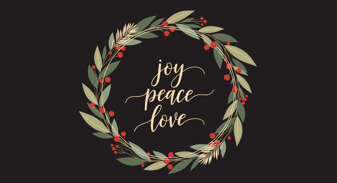 Elegant Christmas wreath featuring green leaves and red berries with the words joy peace love written in a stylish calligraphy font in the center.